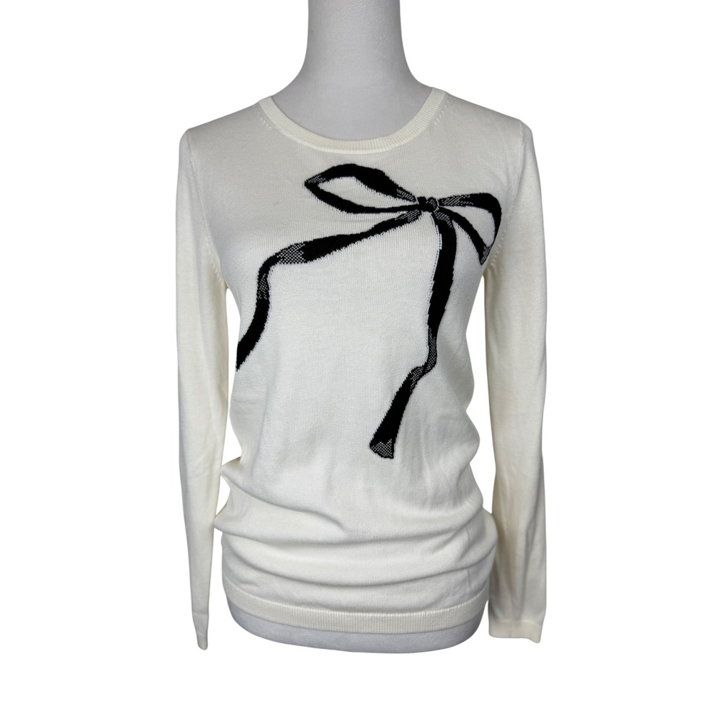 Banana Republic Women Cotton Blend Sweater S White Black Bow Graphic Crewneck